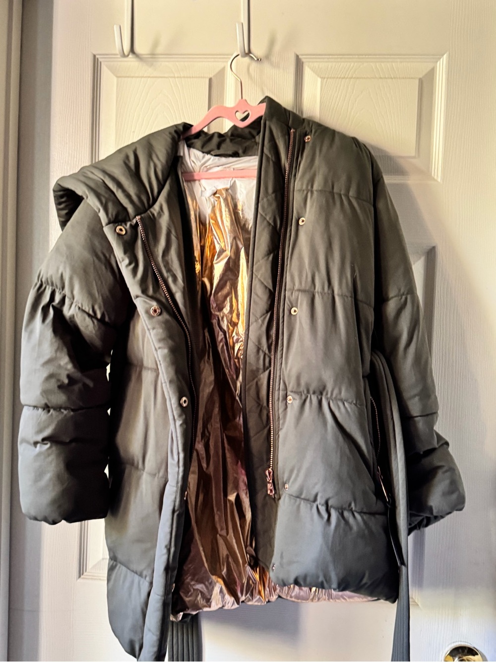 Avec Les Filles Olive Green Quilted Puffer Coat with Hood